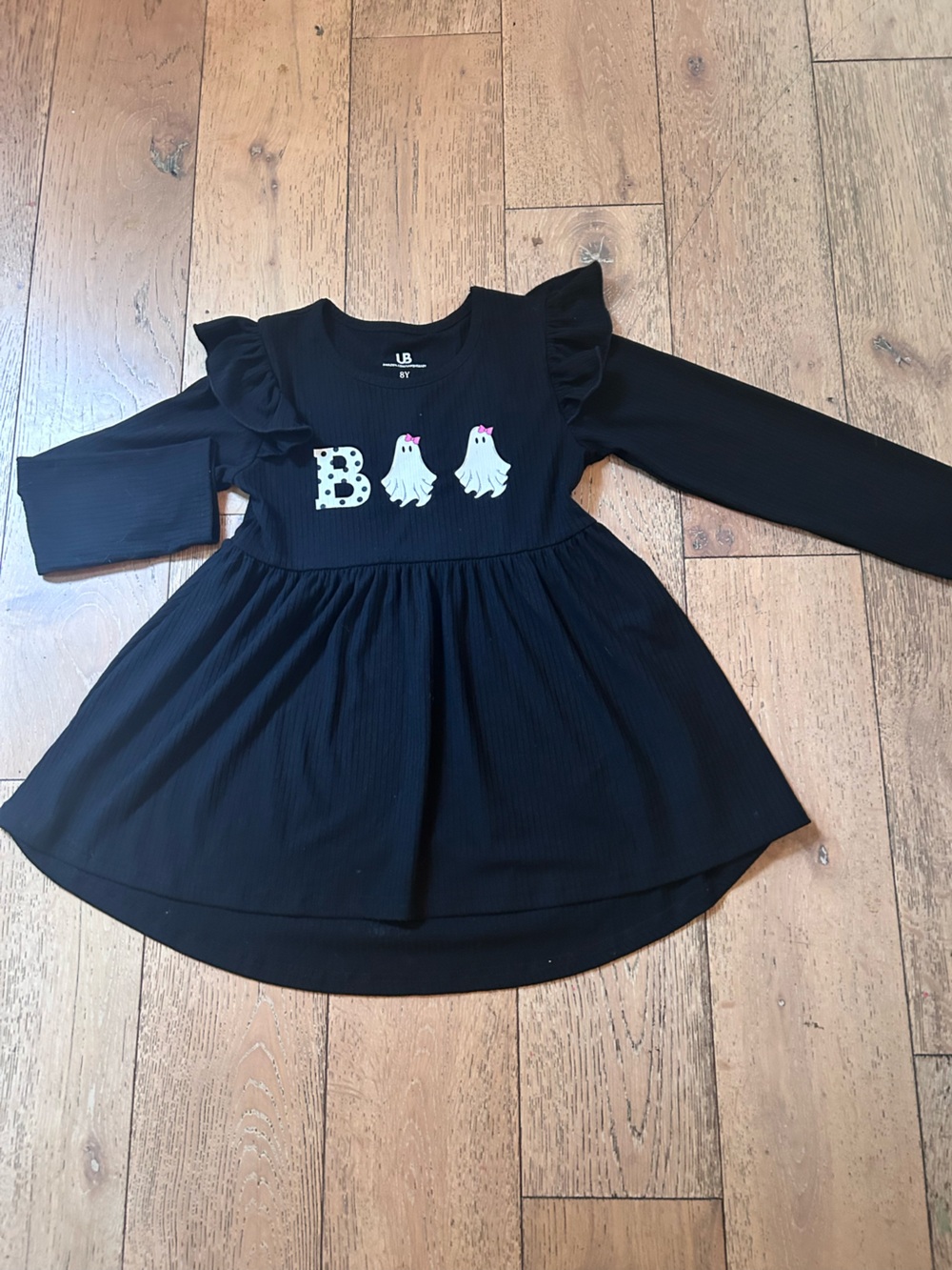 Black Girls' Long Sleeve Ruffle Dress with Ghost Appliqués